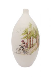 Piccola urna cineraria in ceramica artistica 'Ciclista di montagna'