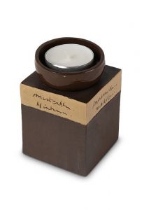 Mini urna cineraria in ceramica con portacandele marrone