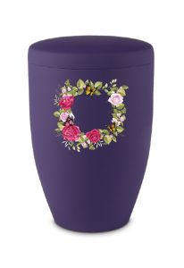 Urna cineraria in metallo viola con fiori e farfalle