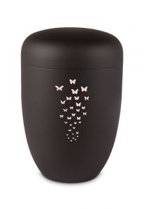 Urna cineraria in metallo nero con farfalle